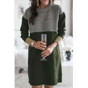 Lovely Casual Patchwork Army Green Sweater Knee Le