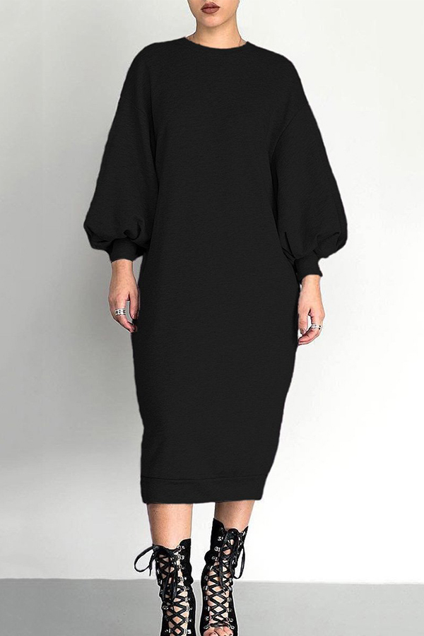 

Lovely Casual Puffed Sleeves Black Cotton Mid Calf Dress