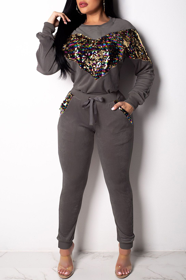 

Lovely Casual Patchwork Grey Cotton Two-piece Pants Set