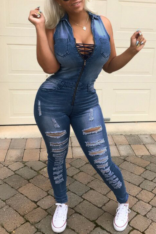 

Lovely Euramerican Turndown Collar Lace-up Hollow-out Blue Denim One-piece Jumpsuits