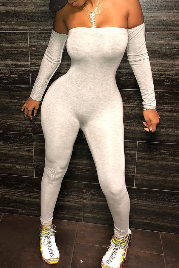 

Lovely Trendy Dew Shoulder Grey Twilled Satin One-piece Jumpsuit