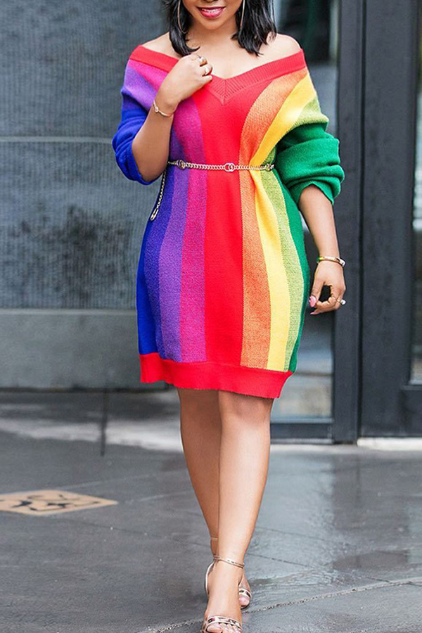 

Lovely Casual Striped Multicolor Twilled Satin Knee Length Dress(Non Positioning Striped)