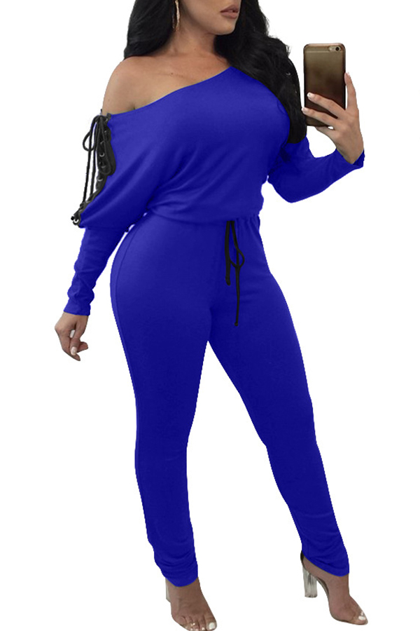 

Lovely Casual Lace-up Royal Blue Blending One-piece Jumpsuit, Royalblue
