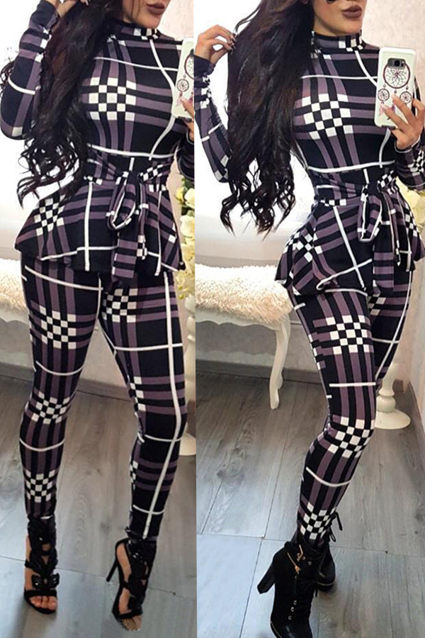 

Lovely Casual Long Sleeves Plaids Purple One-piece Jumpsuit