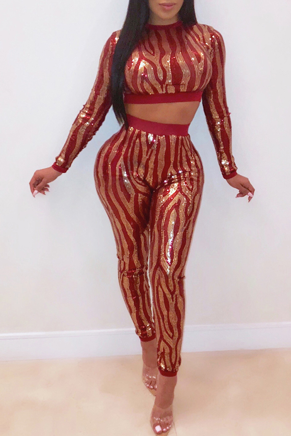 

Lovely Sexy Patchwork Red Sequined Two-piece Pants Set