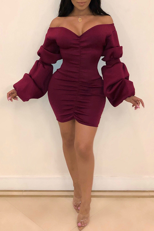 

Lovely Trendy Puffed Sleeves Purplish Red Mini Dress