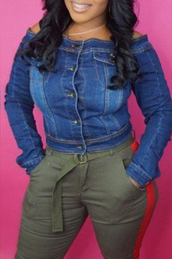 

Lovely Casual Dew Shoulder Deep Blue Denim Blouses