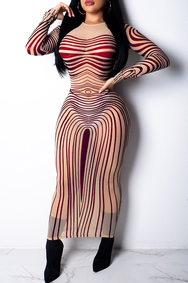 

Lovely Sexy Skinny Printed Wine Red Gauze Ankle Length Dress