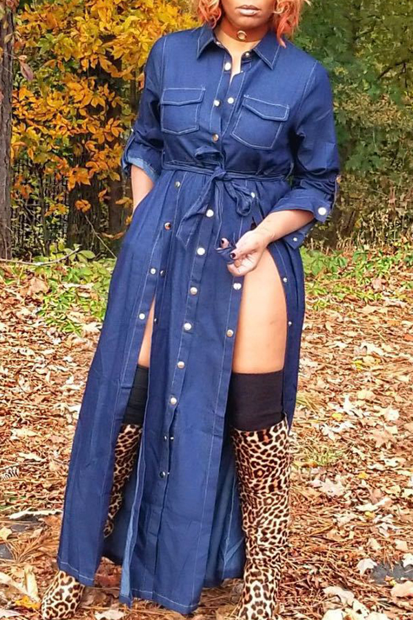 

Lovely Trendy Buttons Design Blue Denim Ankle Length Dress