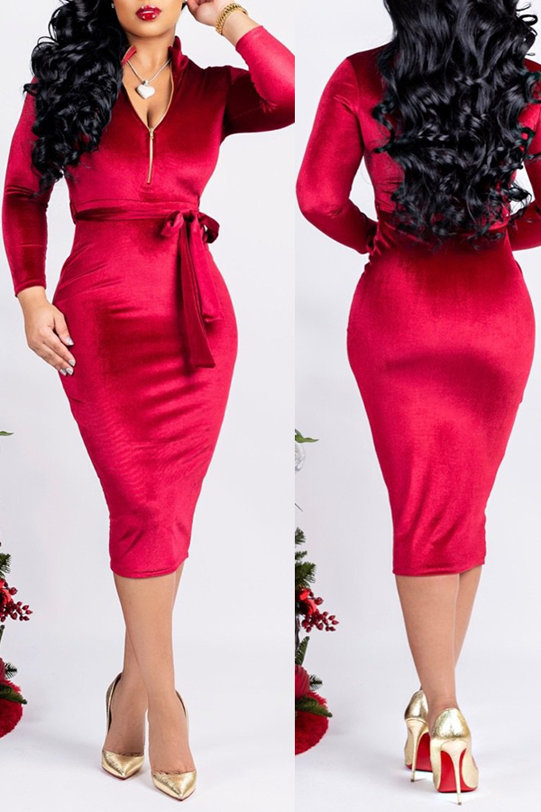 

Lovely Trendy Lace-up Red Pleuche Mid Calf Dress