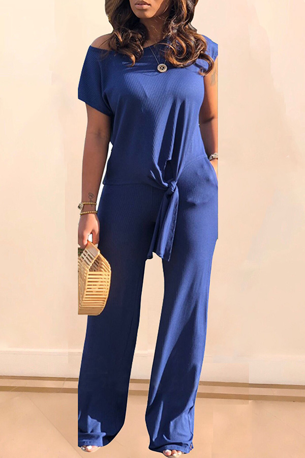 

Lovely Casual Lace-up Blue Two-piece Pants Set