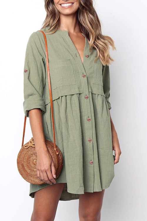 

Lovely Casual Buttons Decorative Green Blending Mini Dress