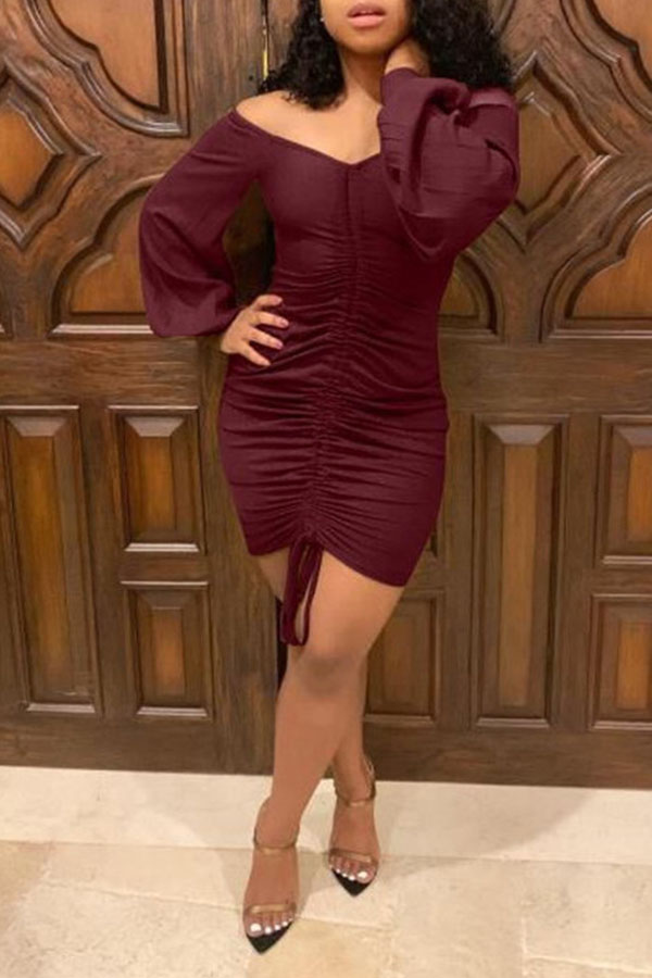 

Lovely Casual Lace-up Wine Red Mini Dress