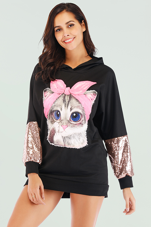 

Lovely Casual Printed Patchwork Black Hoodies
