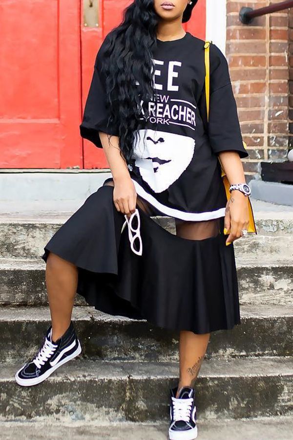 

Lovely Trendy Patchwork Black Blending Mid Calf Dress
