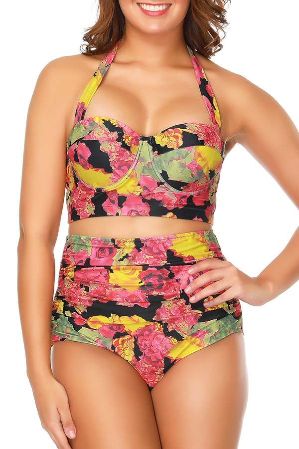 

Lovely Casual Floral Printed Multicolor Two-piece Swimwears