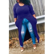 Lovely Casual Slit Deep Blue Twilled Satin T-shirt