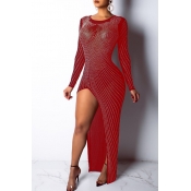 Lovely Elegant Slit Red Knitting Floor Length Dres