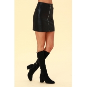 Lovely Trendy Zipper Design Black PU Skirts