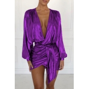 Lovely Trendy Puffed Sleeves Purple Mini Dress
