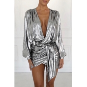 Lovely Trendy Puffed Sleeves Silver Mini Dress