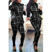 Lovely Casual Long Sleeves Plaids Black One-piece 
