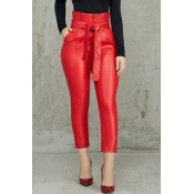 Lovely Trendy Lace-up Red PU Pants