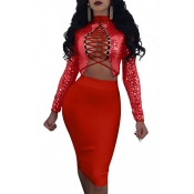 Lovely Sexy Hollowed-out Red Gauze Two-piece Skirt