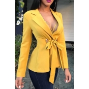 Lovely Casual Lace-up Yellow Suits