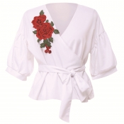 Lovely Sweet Floral Lace-up White Blouses