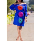 Lovely Trendy Dew Shoulder Blue Knee Length Dress