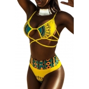 Lovely African Printed Yellow Two-piece Swimwear