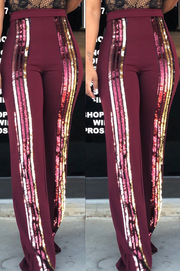 

Lovely Trendy Sequined Decorative Wine Red Blending Pants