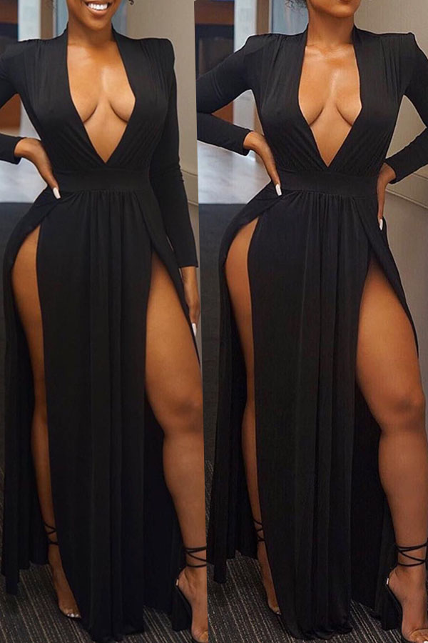 

Lovely Sexy Side High Slit Black Floor Length Dress