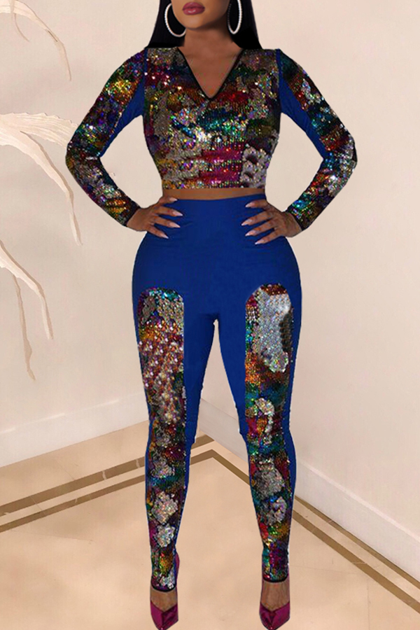 

Lovely Casual Sequined Decorative Blue Knitting Two-piece Pants Set