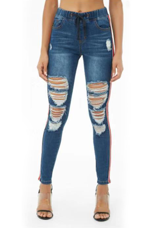

Lovely Trendy Broken Holes Deep Blue Denim Jeans