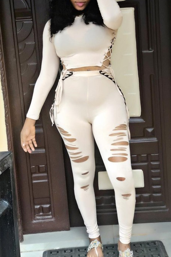 

Lovely Casual Broken Holes White Two-piece Pants Set
