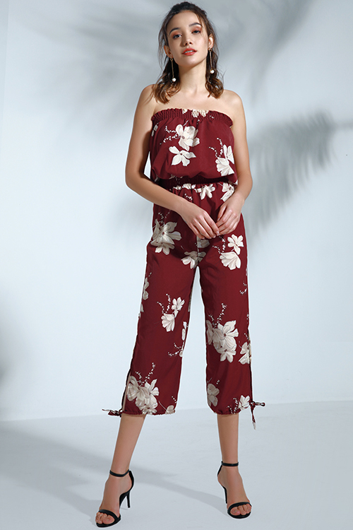 

Lovely Bohemian Floral Printed Purplish Red Cotton Blends One-piece Jumpsuit