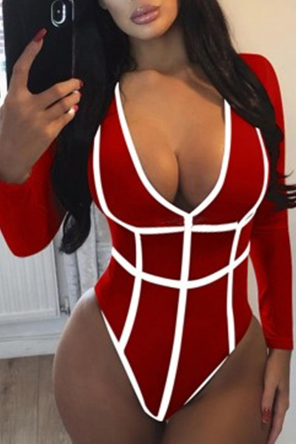 

Lovely Sexy Patchwork Red Bodysuit