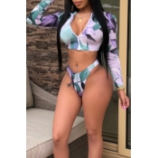 Lovely Casual Floral Printed Purple Two-piece Swim