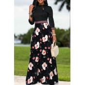 Lovely Casual Floral Printed Black Floor Length Dr