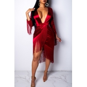 Lovely Sexy Tassel Design Red Knee Length Dress