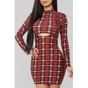 Lovely Casual Grids Printed Red Blending Two-piece