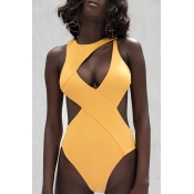 Lovely Sexy Hollowed-out Yellow One-piece Swimwear