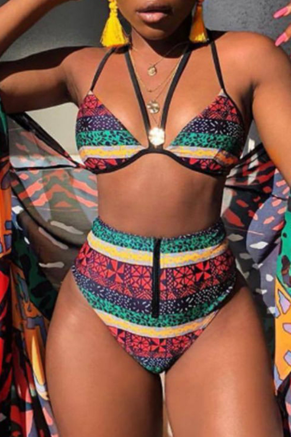 

Lovely Sexy Ethnic Printed Multicolor Knitting Two-piece Swimwear