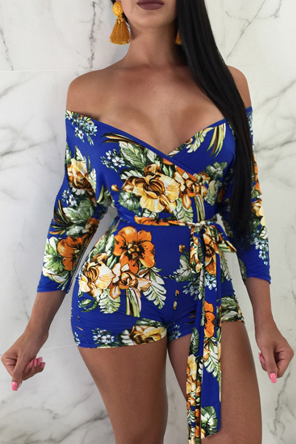 

Lovely Sexy Floral Printed Blue Blending One-piece Rompers