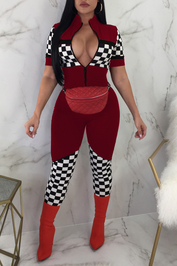 

Lovely Casual Patchwork Skinny Wine Red One-piece Jumpsuit