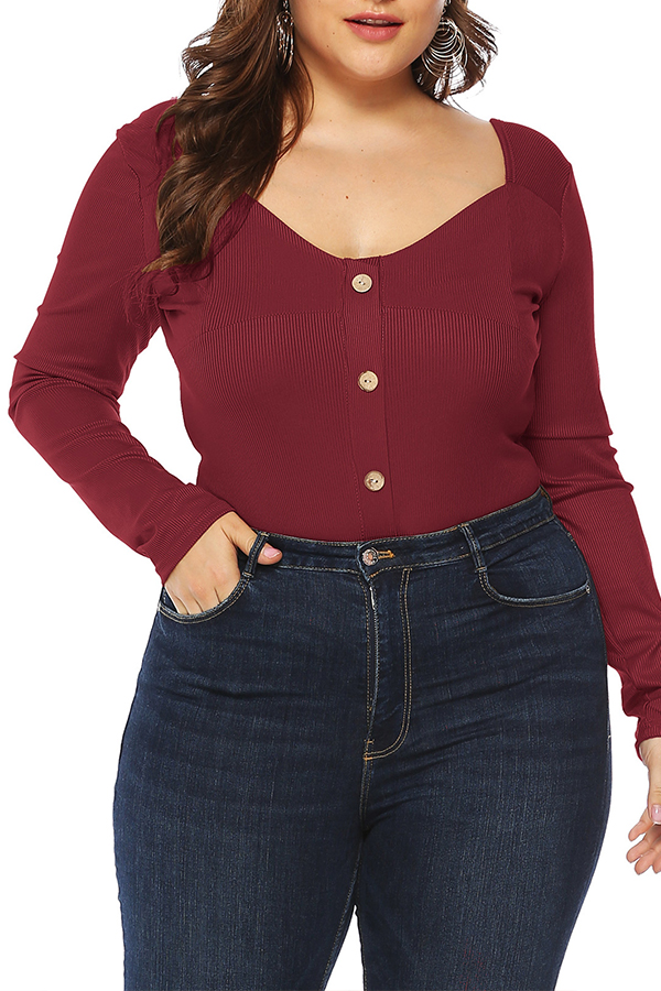 

Lovely Casual Purplish Red Buttons Decorative White Bodysuit