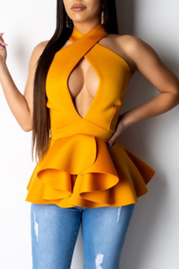 

Lovely Trendy Ruffle Design Yellow Twilled Satin Blouses