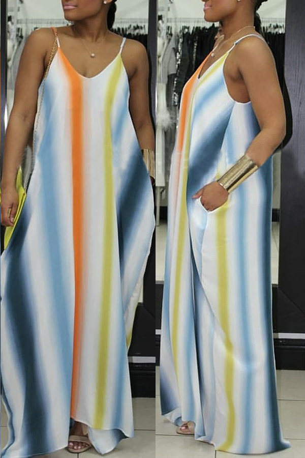 

Lovely Sweet Striped Loose Green Ankle Length Dress
